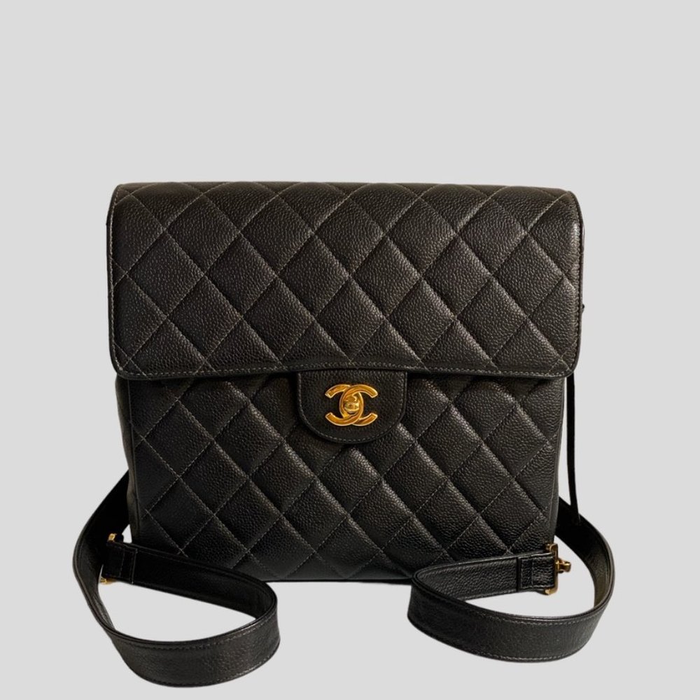 Authentic Vintage Chanel Caviar Square Quilt CC Backpack Black
